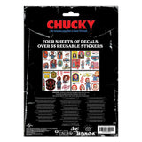 Back of Chucky Tech Sticker Pack showing four sticker sheets with over 35 reusable vinyl decal designs