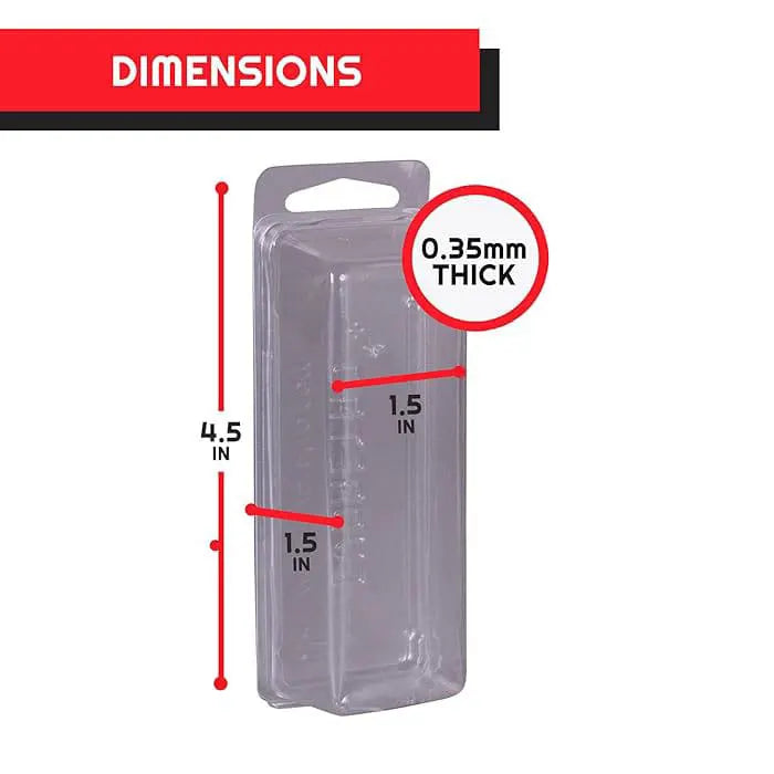 Clamshell PET protector case showing thickness and external dimensions