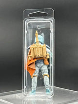 Rear view of action figure protected inside transparent PET display clamshell