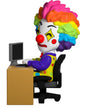 Clown Meme Youtooz vinyl figure side view sitting at desk with rainbow hair and clown makeup