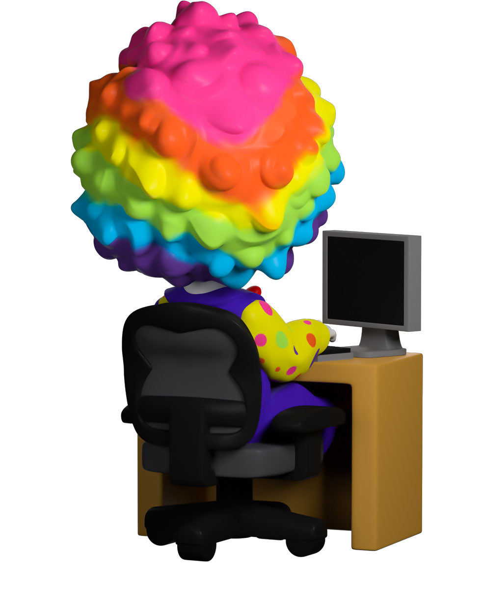 Clown Meme Youtooz vinyl figure rear view showing chair, desk, and colorful hair detail