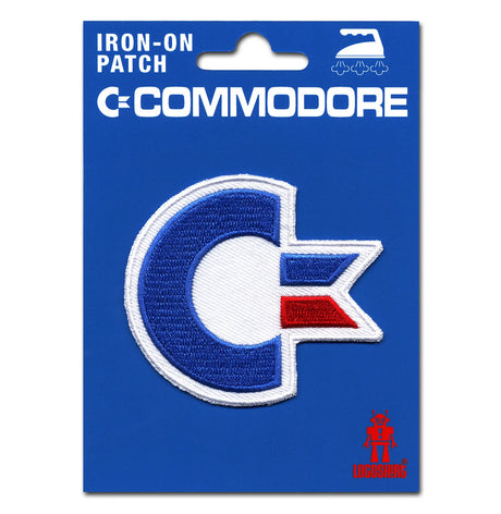 Commodore 64 embroidered iron-on patch featuring classic blue, white, and red C64 logo on blue backing card.