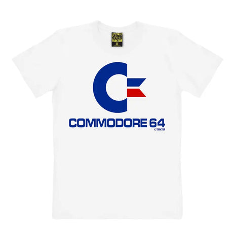 White Commodore 64 T-Shirt featuring the classic blue and red C64 logo on the front.