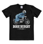 Black T-shirt featuring Cookie Monster riding a motorcycle with the text “Born To Be Hungry – Est. 1966” in bold white print.