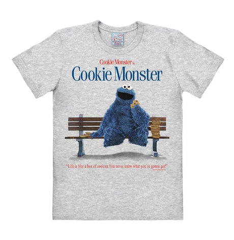 Grey T-shirt featuring Cookie Monster sitting on a park bench with cookies and the quote “Life is like a box of cookies. You never know what you’re gonna get!”