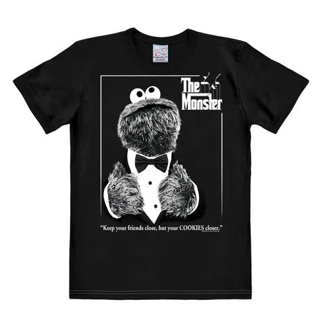 Black T-shirt featuring Cookie Monster parodying The Godfather movie poster with the quote “Keep your friends close, but your cookies closer.