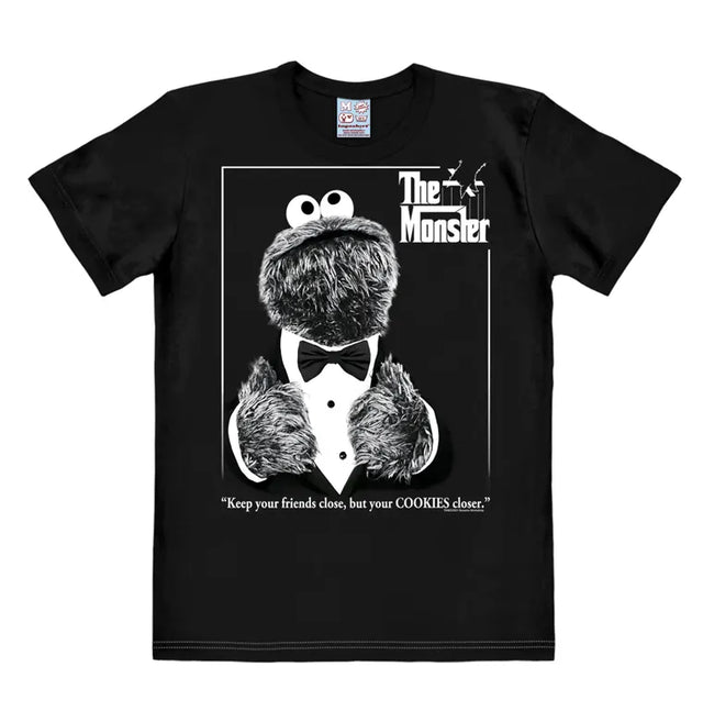 Black T-shirt featuring Cookie Monster parodying The Godfather movie poster with the quote “Keep your friends close, but your cookies closer.
