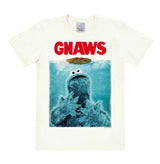 Off-white T-shirt featuring Cookie Monster parodying the Jaws movie poster with the word “GNAWS” and a floating cookie.