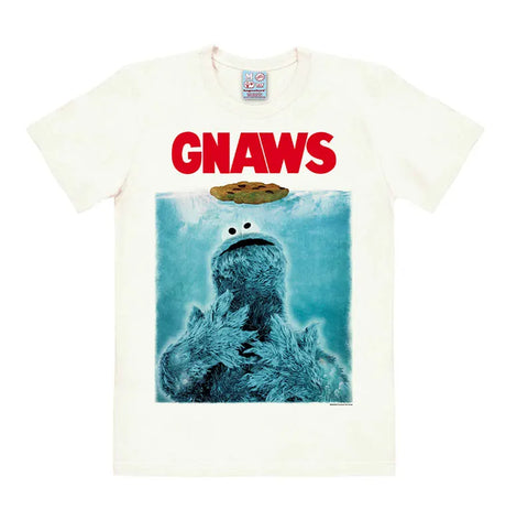 Off-white T-shirt featuring Cookie Monster parodying the Jaws movie poster with the word “GNAWS” and a floating cookie.
