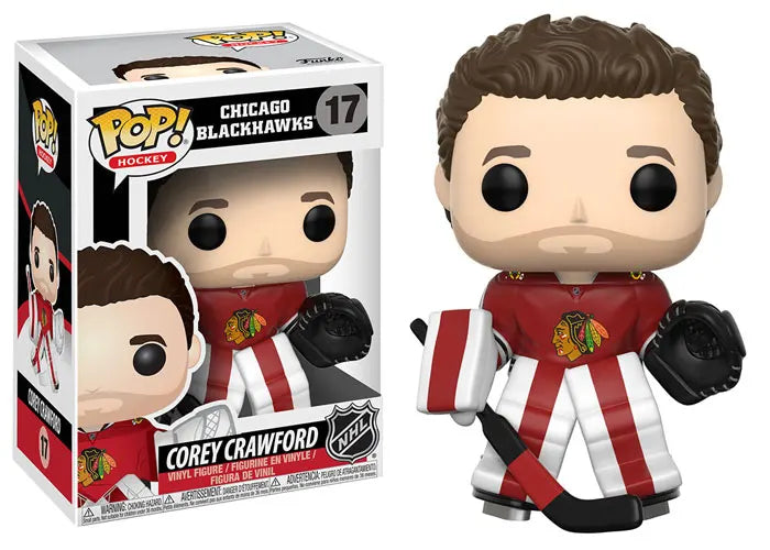 Corey Crawford Funko Pop #17 displayed with original Chicago Blackhawks box.