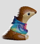 Cosmo art toy side profile highlighting pangolin scales and colorful hoodie