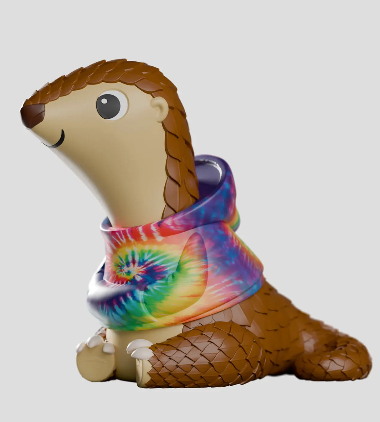 Close side view of Cosmo pangolin vinyl figure showing sculpted scales