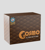 Cosmo art vinyl figure packaging box with branding and scale pattern design
