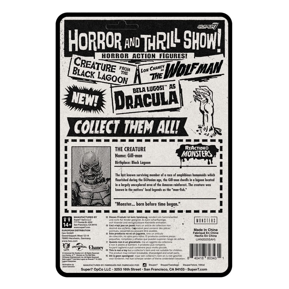 Back of Creature from the Black Lagoon ReAction+ packaging with vintage Universal Monsters artwork and bio
