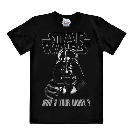 Black Star Wars T-shirt featuring Darth Vader pointing forward with the phrase “Who’s Your Daddy?” printed below the logo.