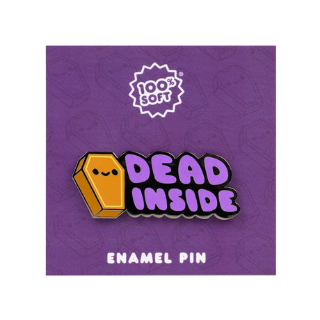 Dead Inside enamel pin displayed on purple 100% Soft backing card, showing cute coffin design and bold lettering