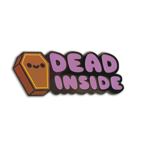 Dead Inside enamel pin with smiling coffin character and purple text, hard enamel with gun metal black plating