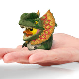 Dilophosaurus Mini TUBBZ duck figure resting in a human palm for scale.