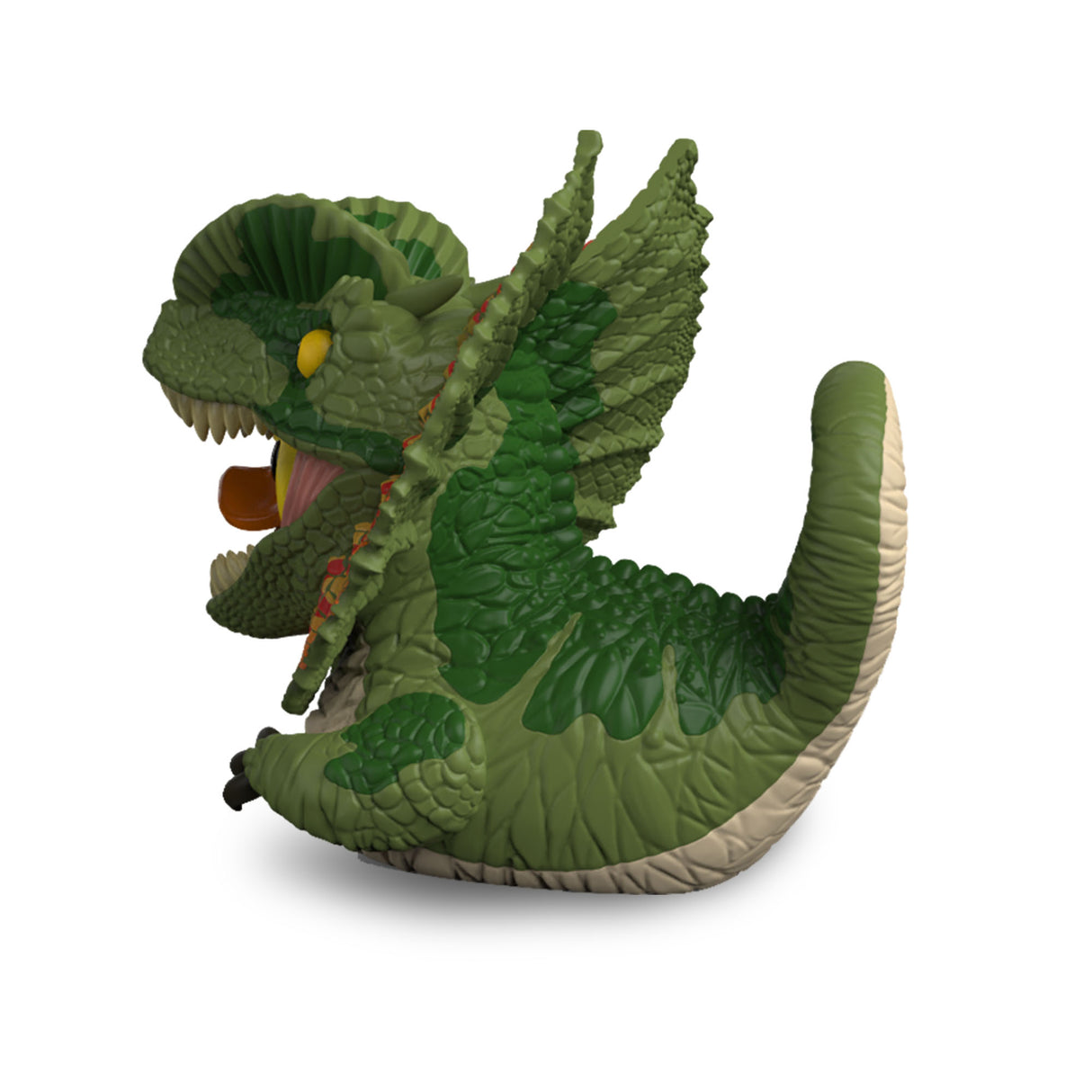 Side view of Dilophosaurus Mini TUBBZ figure showing textured scales and tail.