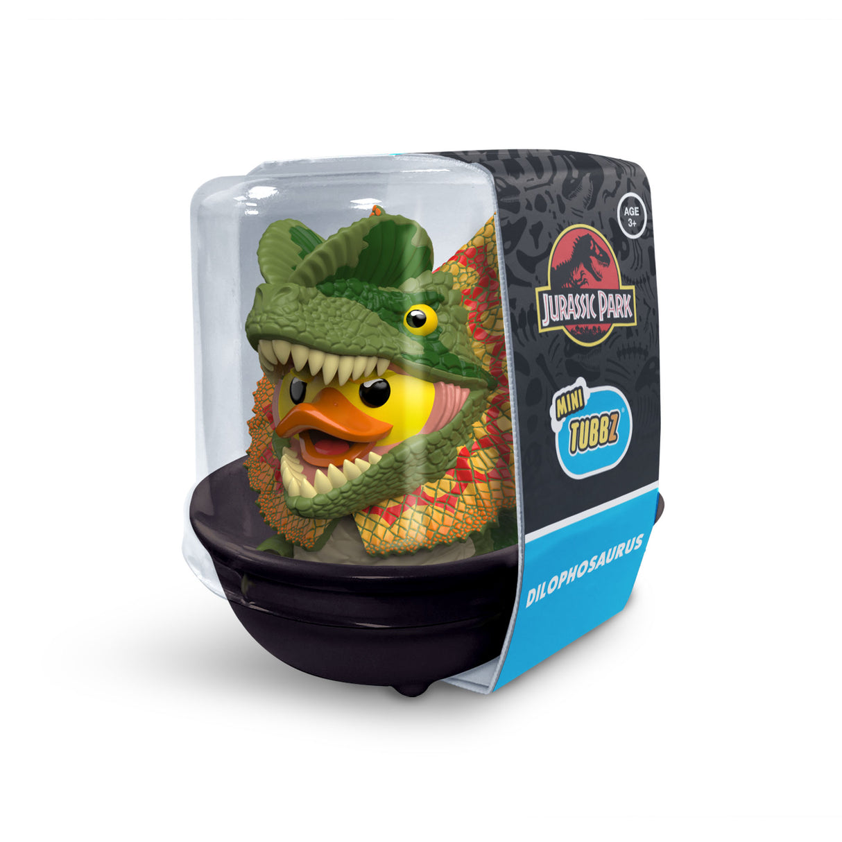 Dilophosaurus Mini TUBBZ figure displayed inside transparent collector box.