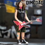 Close-up view of the Dimebag Darrell collectible figure featuring signature pink beard and guitar