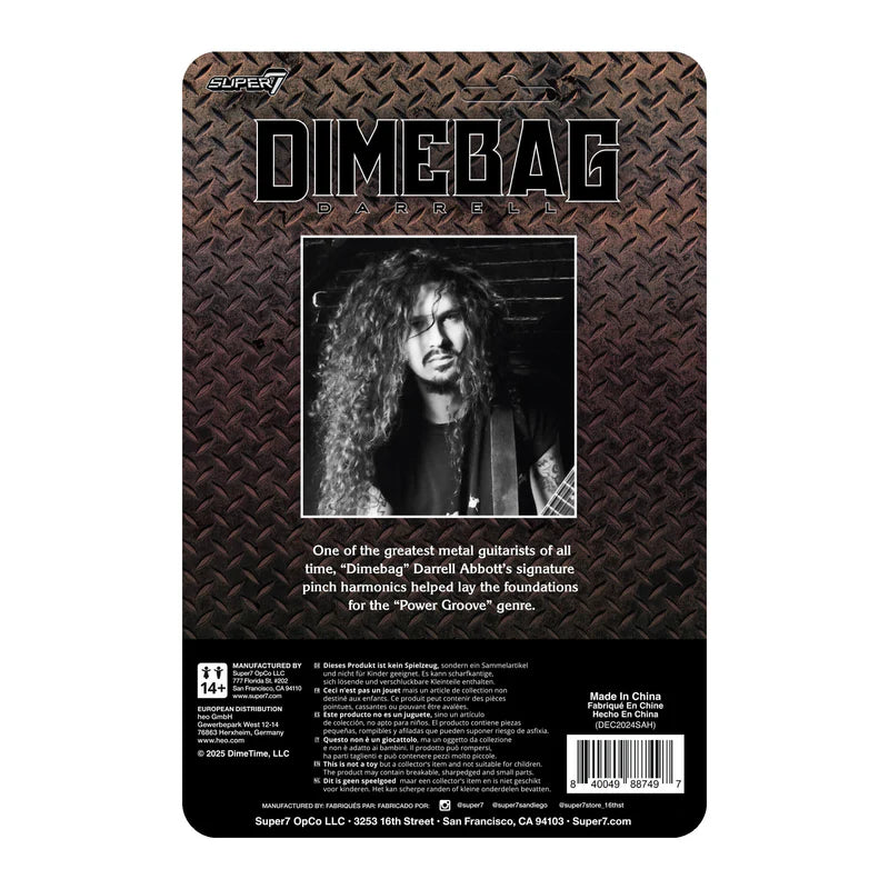 Rear view of Dimebag Darrell ReAction Figure cardback featuring artist biography and collector artwork