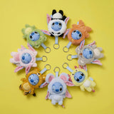 Disney YuYus Stitch plush keychain blind box series arranged in circle on yellow background