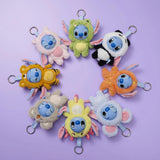 Disney YuYus Stitch plush keychain blind box series arranged in circle on purple background