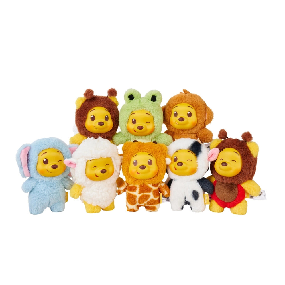 Disney YuYus Winnie the Pooh plush keychain blind box series with 9 animal costume variants displayed together
