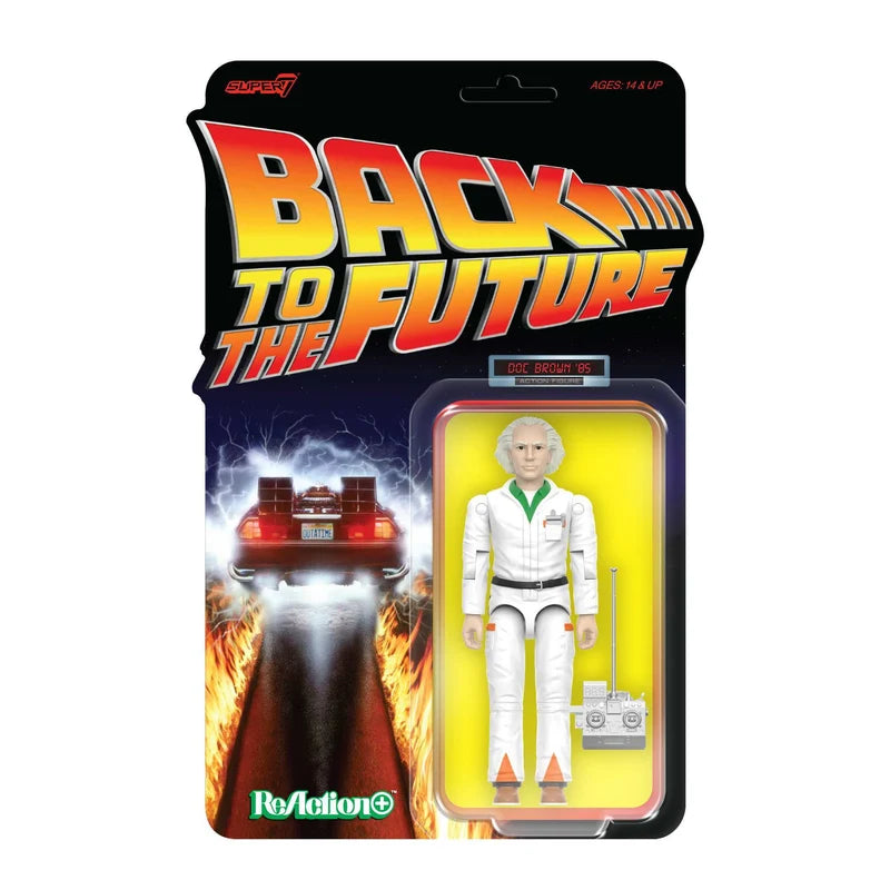 Super7 Doc Brown '85 ReAction+ figure in Back to the Future blister packaging