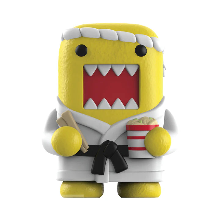 Yellow standing Domo karate figure holding ramen cup and chopsticks