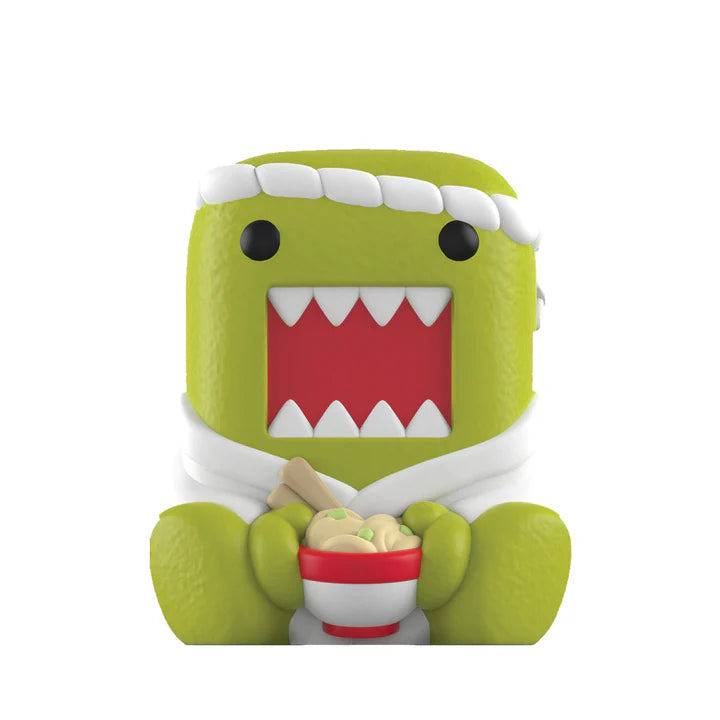 Green sitting Domo collectible ramen figure from Rokimoto Mystery Blind Cup series