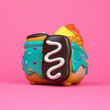 Rear view of Donut Green Dumpster Fire vinyl art toy