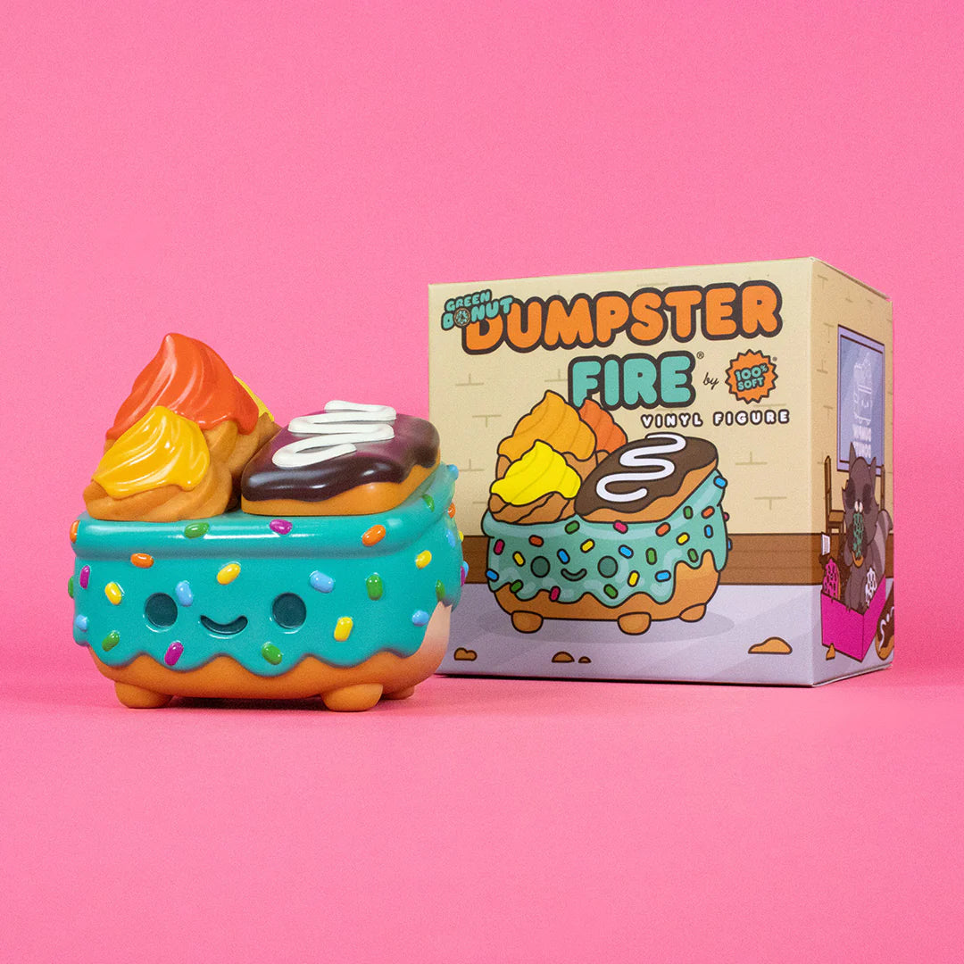 Donut Green Dumpster Fire vinyl figure by 100% Soft with frosting and sprinkles
