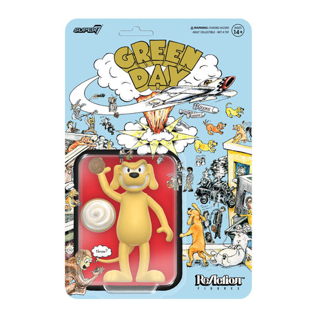 Dookie Dog Green Day ReAction figure in blister packaging with Dookie album artwork background.