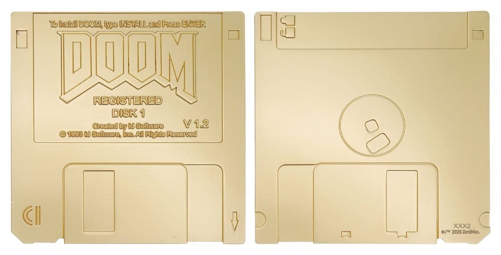 Front and back view of the gold Doom replica floppy disk collectible