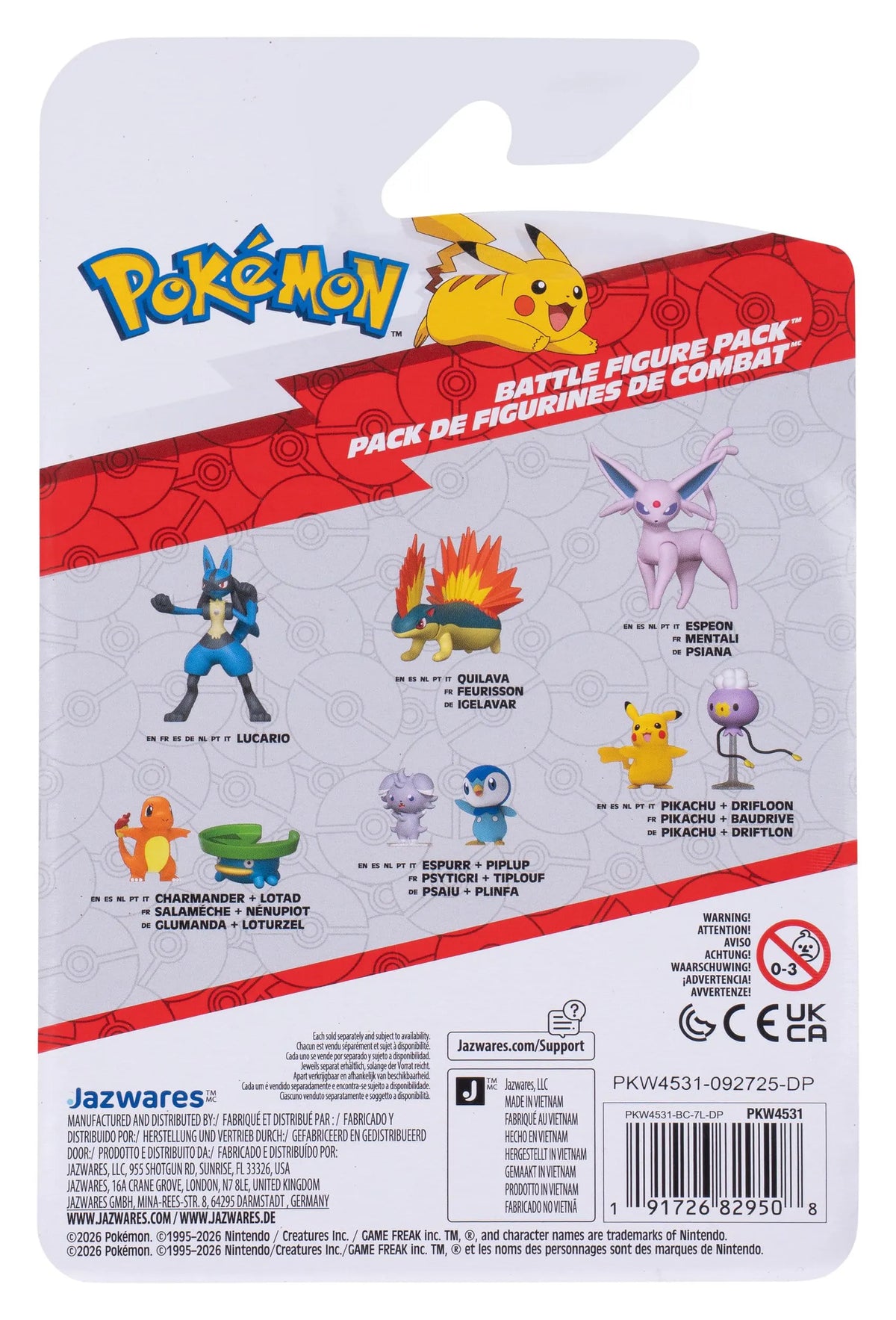 Back of Pokémon Battle Figure Pack packaging showing Drifloon, Pikachu and other figures.