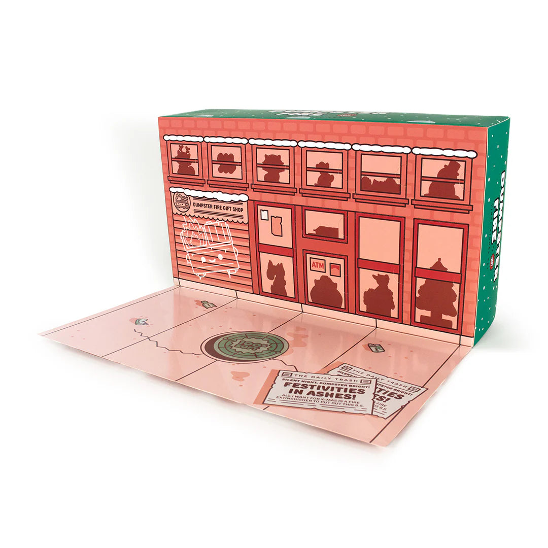 Peppermint-themed Dumpster Fire holiday vinyl figure with raccoon and Christmas accessories.