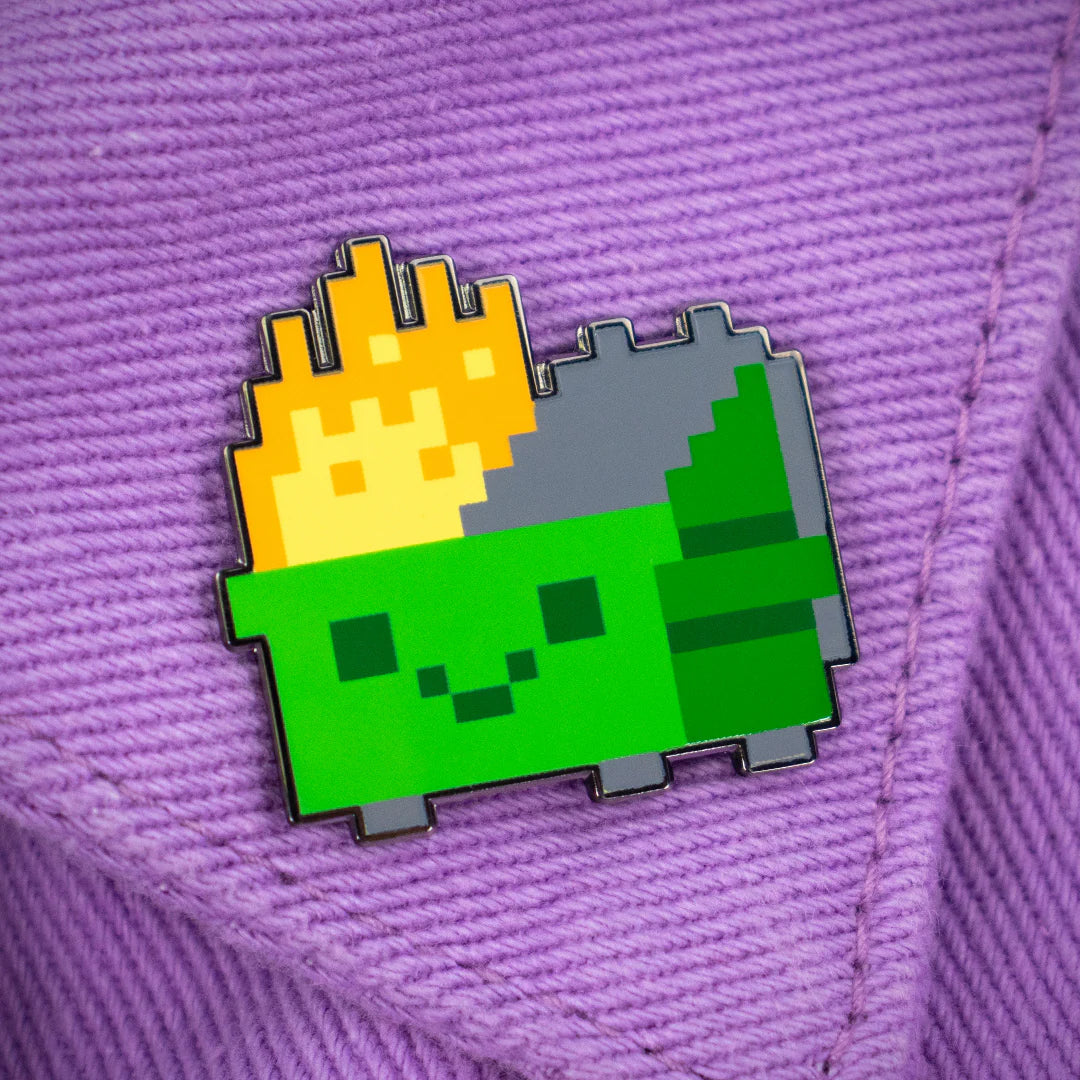 dumpster fire 8 bit enamel pin on fabric retro pixel style collectible
