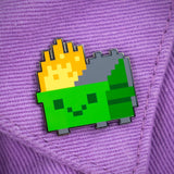 dumpster fire 8 bit enamel pin on fabric retro pixel style collectible