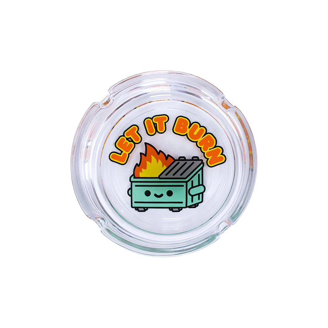 Top view of Dumpster Fire glass ashtray showing Let It Burn illustration