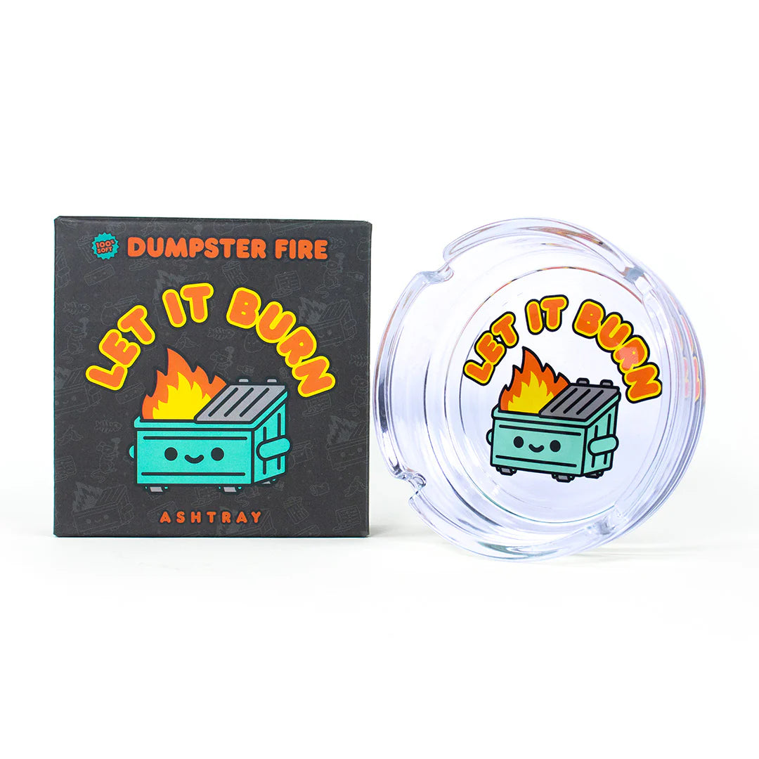 Dumpster Fire ashtray shown next to its illustrated retail packaging