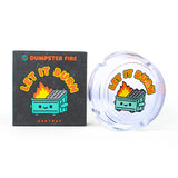 Dumpster Fire ashtray shown next to its illustrated retail packaging