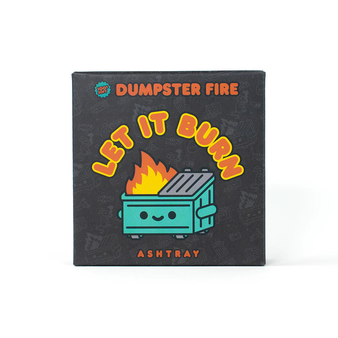 Front view of Dumpster Fire Ashtray packaging with Let It Burn text