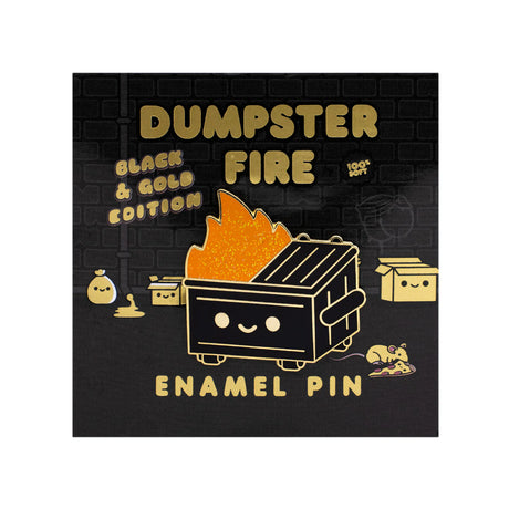 Dumpster Fire Black & Gold enamel pin with orange glitter flame on branded backing card