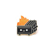 Close-up of Dumpster Fire Black & Gold enamel pin with polished gold plating and glitter flame