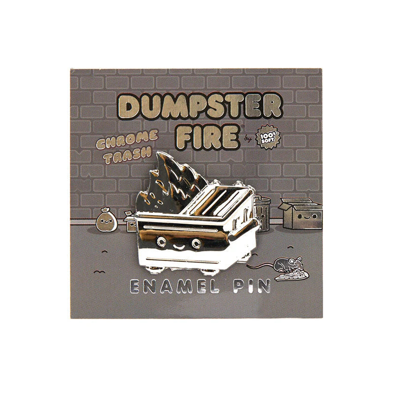 dumpster fire chrome trash enamel pin packaging 100% soft limited edition