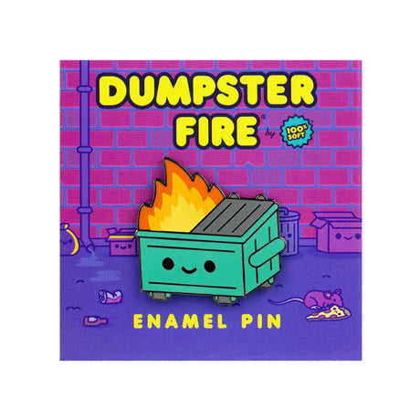 Dumpster Fire Enamel Pin displayed on original 100% Soft backing card with brick wall illustration