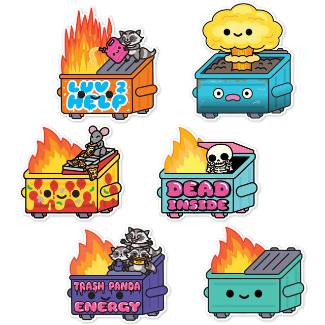 Dumpster Fire Series 3 jumbo sticker pack with six die-cut vinyl dumpster fire designs