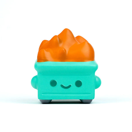 Dumpster Fire stress squishy front view with smiling face and orange flames